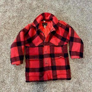 Eddie Bauer Red and Black Buffalo Plaid Wool Pea Coat